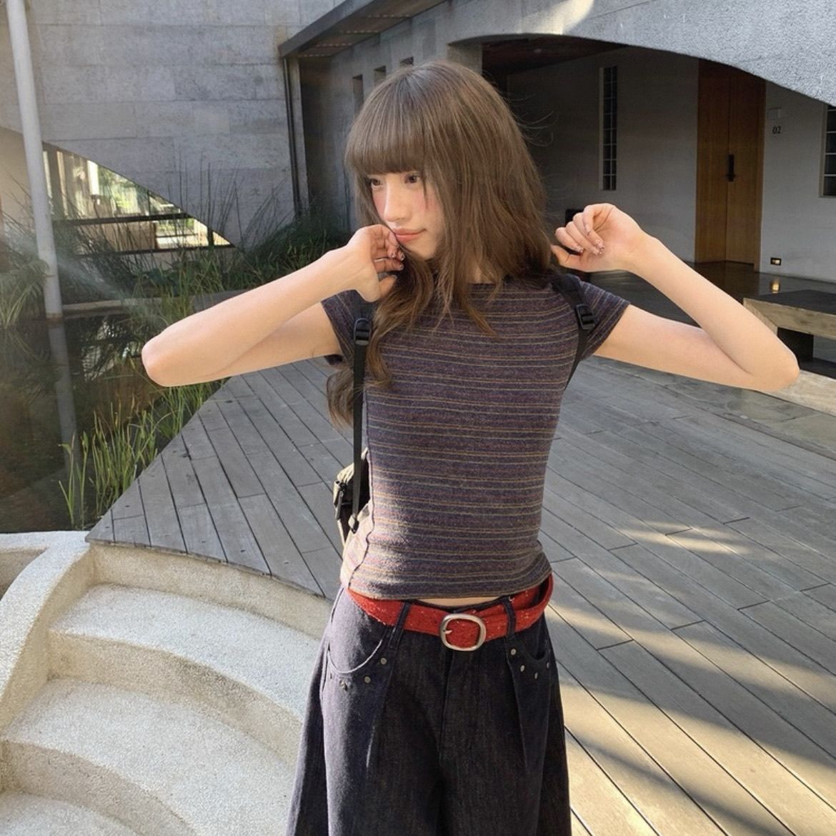 复古风彩条撞色修身短袖T恤女2026新款夏季穿搭炸街独特漂亮上衣