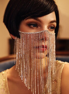 欧美复古水钻面具性感长款流苏面纱晚宴会单身舞会派对遮面面帘女