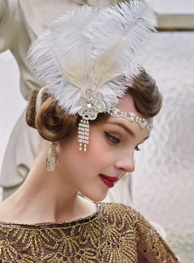 1920s化妆舞会羽毛发饰品 单身舞会派对盖茨比复古水钻发带头带