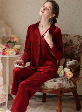 维多利亚金丝绒本命年睡衣女两件套长袖长裤本命年可外穿家居服