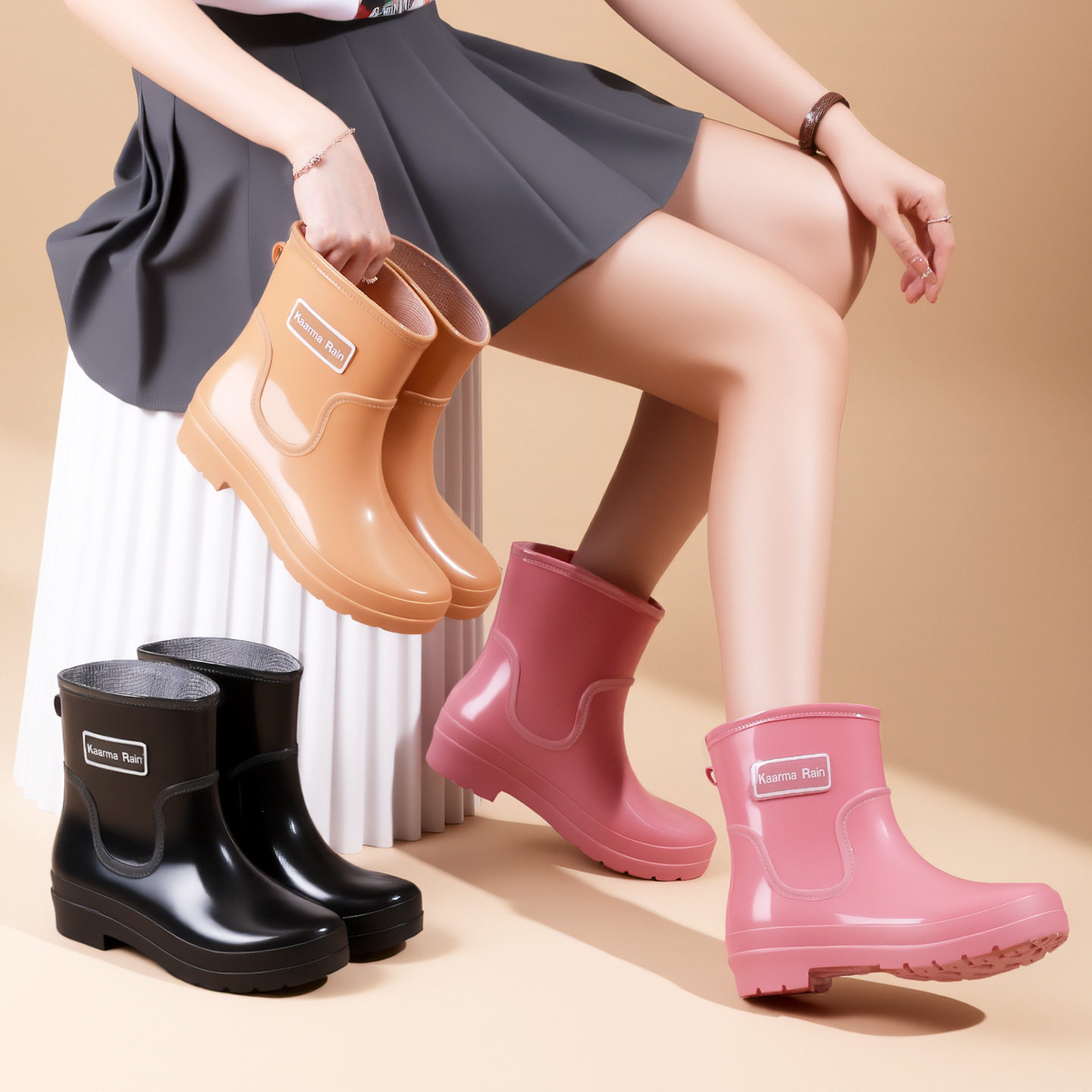 外贸时尚短筒户外女鞋女短筒雨鞋百搭甜美水鞋防滑女胶鞋套脚水靴