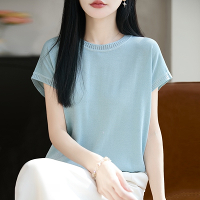 2026新款镂空拼接针织短袖t恤女夏季薄款冰丝针织衫大码女装上衣