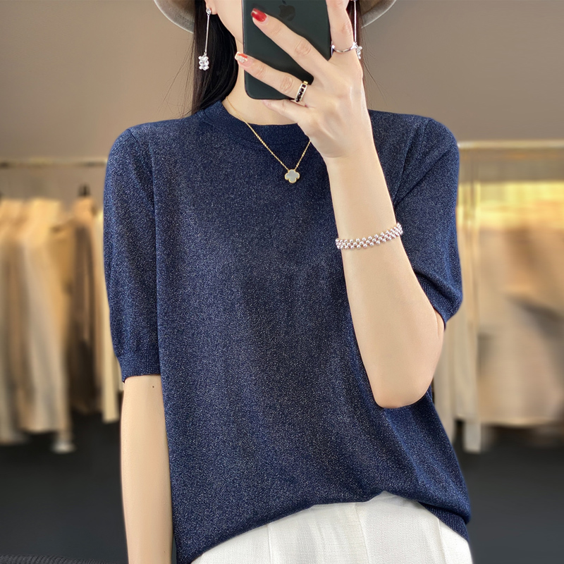 大码女装夏季2024新款冰丝短袖t恤女宽松薄款高级感亮丝针织上衣