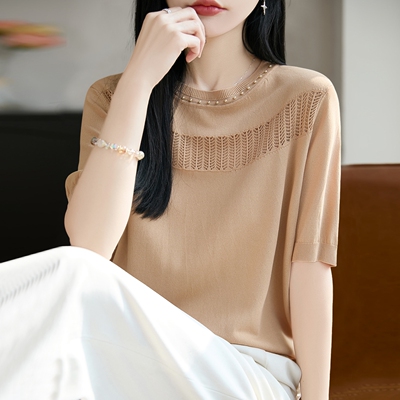 2026新款镂空条纹针织短袖t恤女夏季薄款冰丝针织衫大码女装上衣