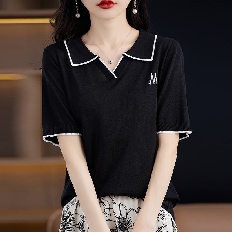 Polo领短袖t恤女士2025新款大码女装夏季冰丝针织衫薄款宽松上衣