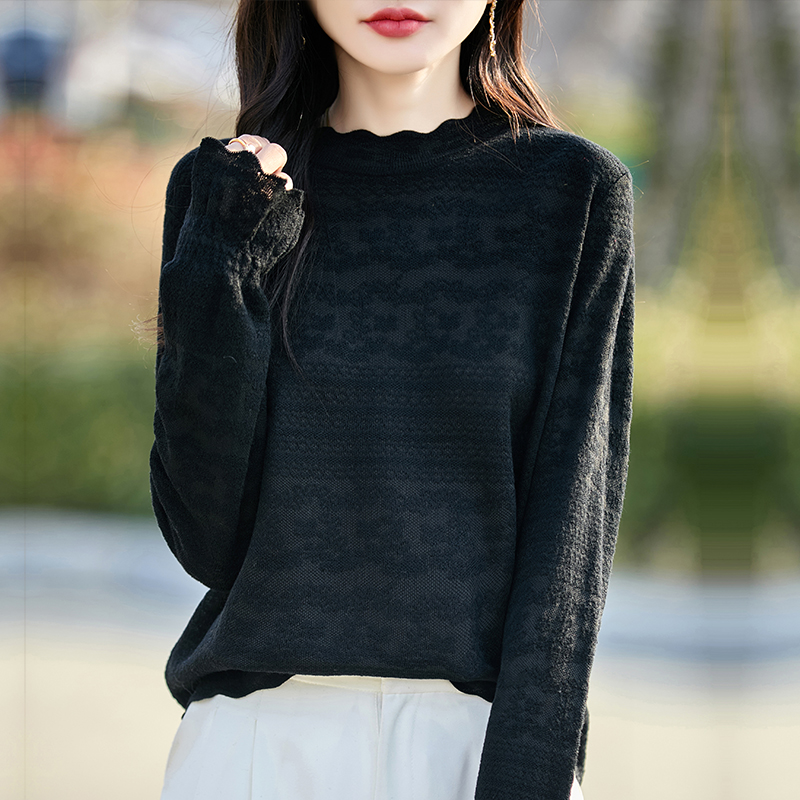 秋冬波浪领提花针织蕾丝打底衫女2025新款秋款内搭洋气大码1201u