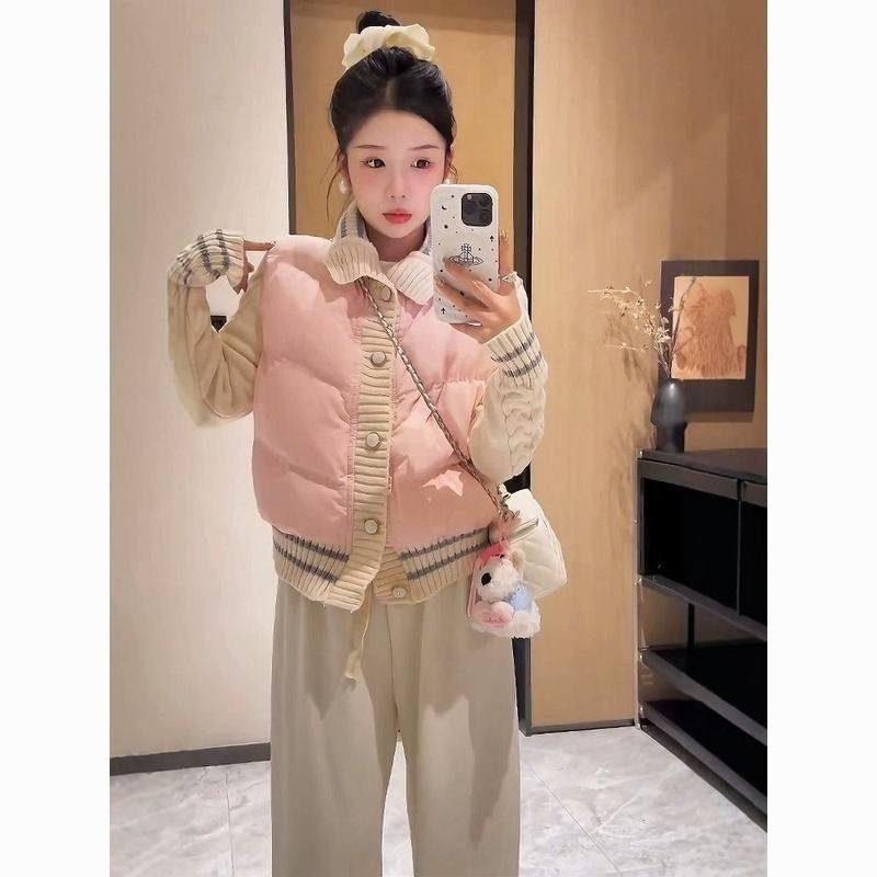 冬季小香风别致粉色拼接针织羽绒服外套女甜美休闲轻薄立领棒球