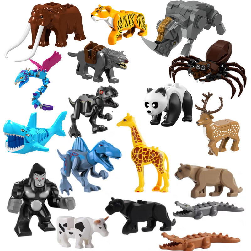 兼容乐高积木动物园熊猫鲨鱼狼老虎狮子豹熊龙鳄鱼鹿儿童拼装玩具
