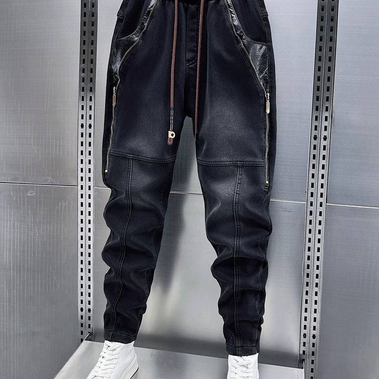 2025秋季新款拼接牛仔裤男女松紧腰弹力小脚拉链皮裤韩版束脚长裤,男装,牛仔裤,淘宝优惠券,粉丝福利购,淘宝优惠卷