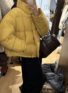 鹅绒高克重羽绒服黄色鹅绒云朵泡芙羽绒服女短款立领韩国东大门小