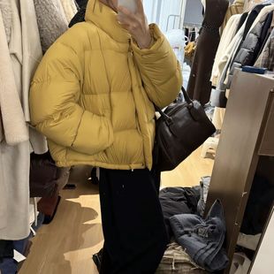 鹅绒高克重羽绒服黄色鹅绒云朵泡芙羽绒服女短款立领韩国东大门小