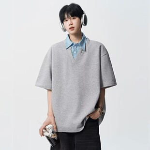 假两件拼接polo领短袖t恤男女夏季美式宽松衬衫百搭情侣半袖上衣