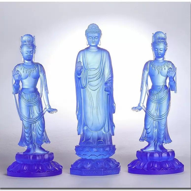 琉璃日光月光菩萨站像药师佛东方三圣家居供奉佛堂桌面摆件装饰品