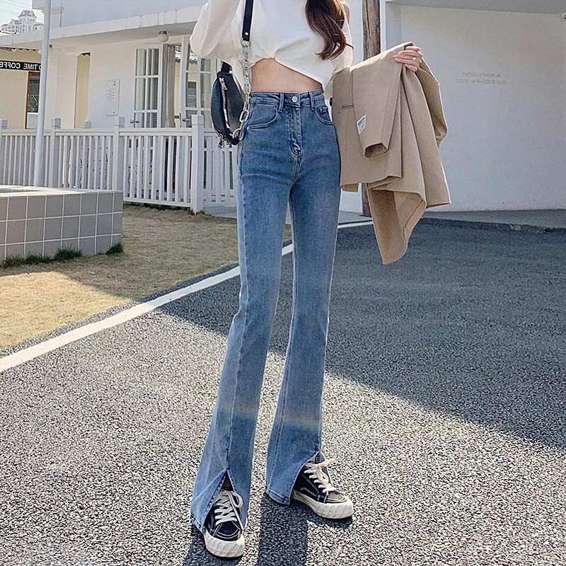韩国前开叉牛仔裤女2026年春秋高腰弹力修身显瘦分衩微喇叭拖地裤