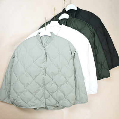 冬季新款女士轻薄针织螺纹棒球服领子宽松绗缝羽绒服外套