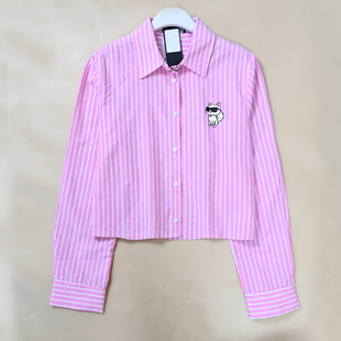 衬衫 美系K尔 长袖 女士胶印卡通猫咪条纹休闲短款 新款