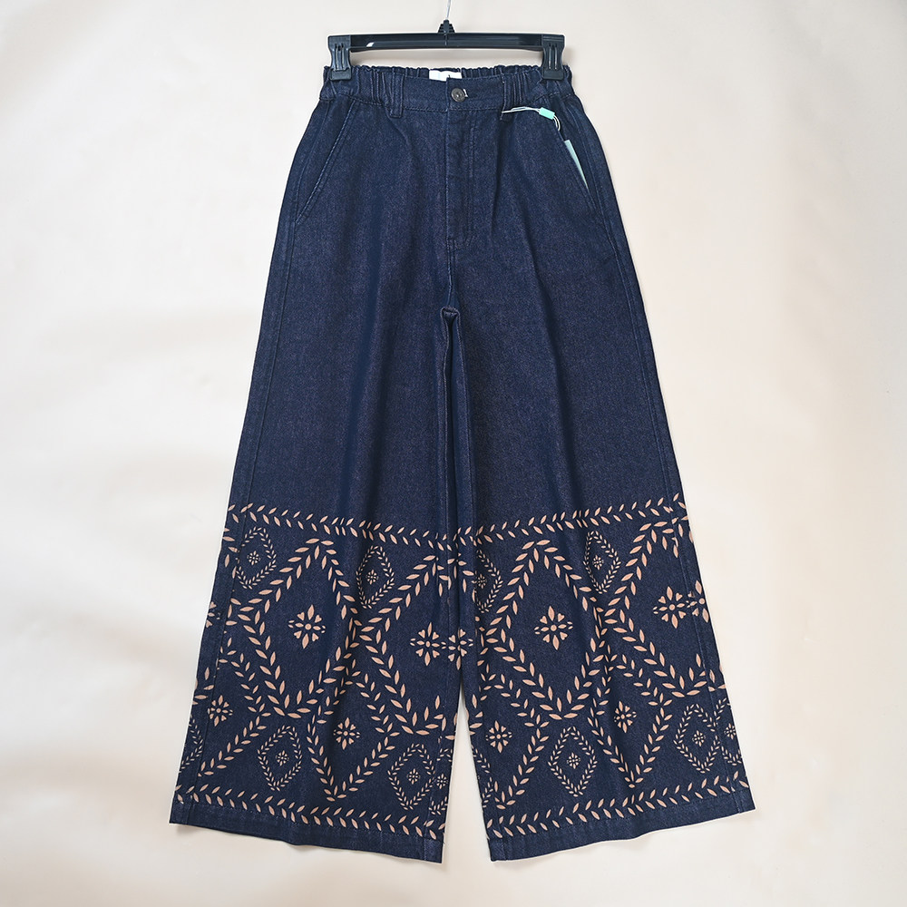 新款女士弹力棉松紧腰宽松阔腿休闲牛仔长裤