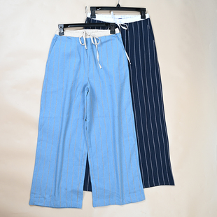 女士棉质刺绣条纹松紧腰系带宽松直筒阔腿裤 美国单 春秋新款