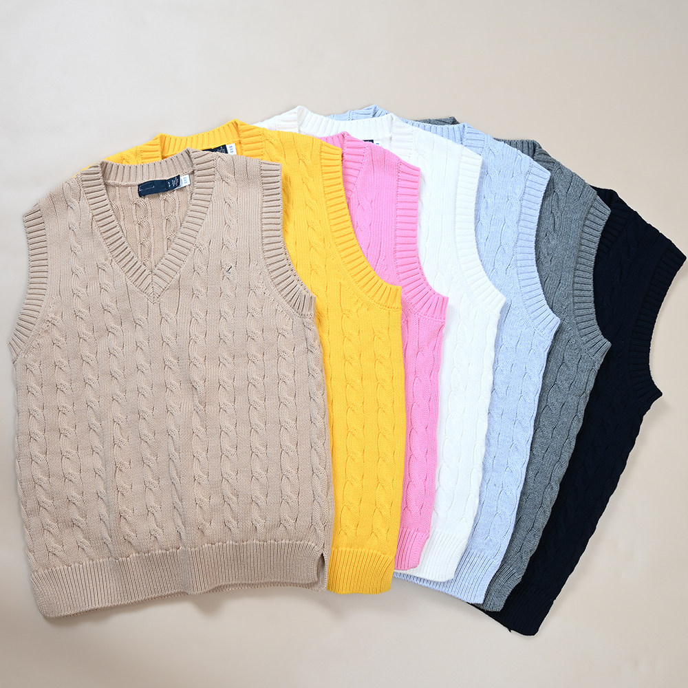 外贸女装秋冬新款刺绣小标v领棉线针织马甲简约气质百搭背心