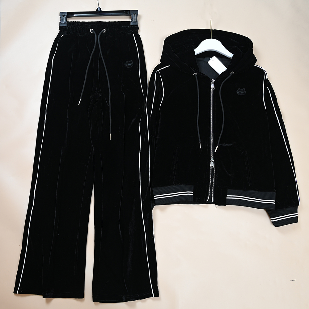 美系K尔  秋冬新款女士丝绒面撞色连帽开衫卫衣+卫裤套装