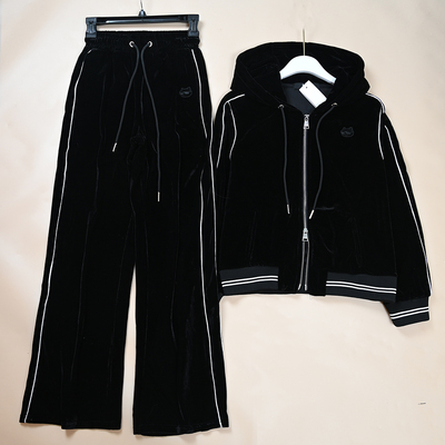 美系K尔  秋冬新款女士丝绒面撞色连帽开衫卫衣+卫裤套装