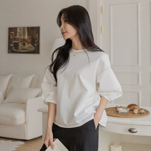 2026春装新款高级感明线装饰宽松卫衣女中袖上衣七分袖女纯色t恤