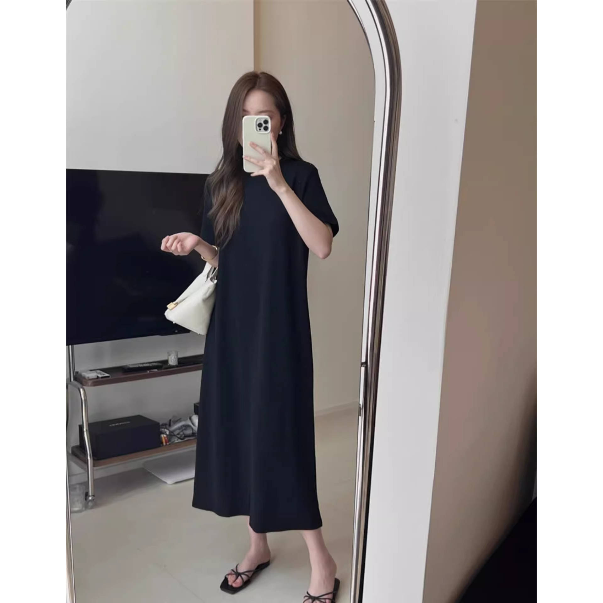 大码黑色短袖连衣裙女夏季