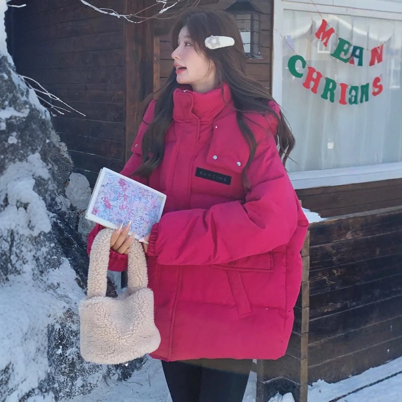 玫红色棉服大码秋冬季拼接连帽