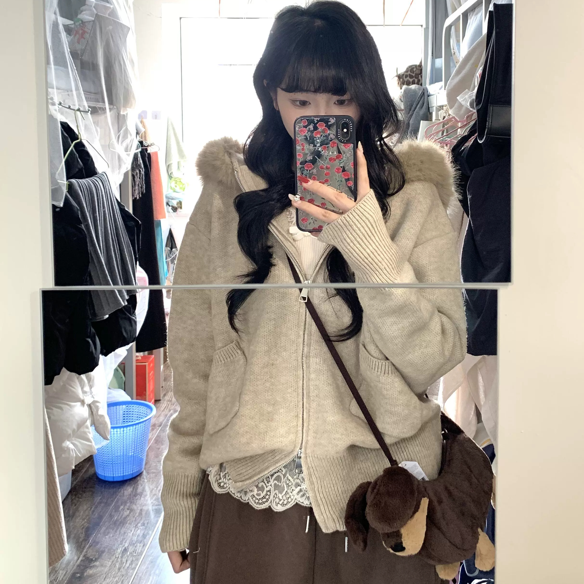 胖MM宽松连帽针织开衫毛衣外套