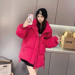胖妹妹火龙果色冬季慵懒风加厚保暖宽松大码棉服外套女面包服棉袄