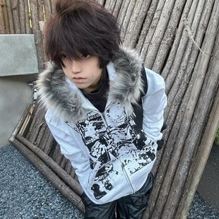 特大码y2k亚文化毛领外套女秋冬新款加绒连帽卫衣开衫视觉系上衣