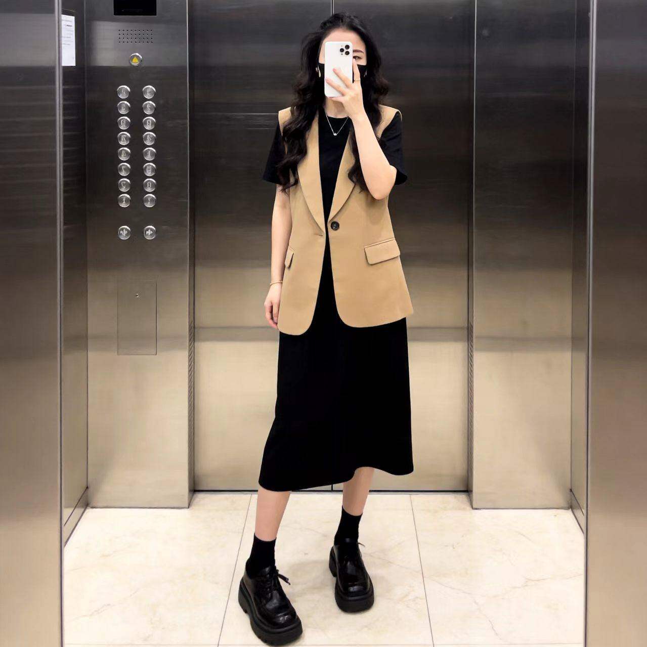 大码胖妹妹法式高级感西装马甲连衣裙女甜美风时尚两件套女装套装
