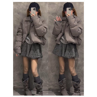 胖妹妹深灰色花苞菱格夹棉短裤女秋冬季新款高腰外穿靴裤直筒裙裤