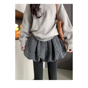 大码灰色菱格花苞裙裤女冬新款韩版高腰a字显瘦外穿加厚蓬蓬短裤