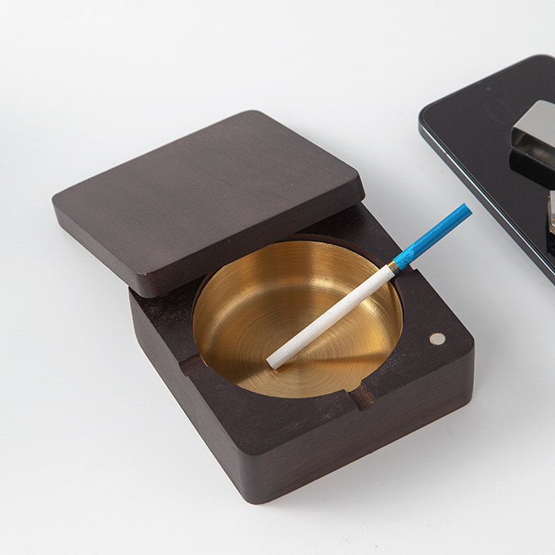 烟灰缸实木防飞灰带盖复古烟缸茶几办公室客厅家用木质灰缸胡桃色