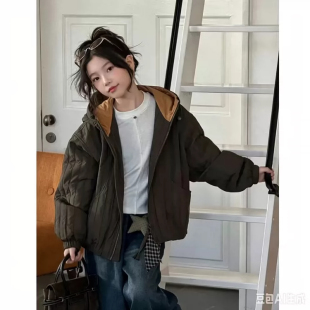 2026秋冬新款韩版撞色连帽夹棉外套女生拉链百搭棉服中大童上衣潮