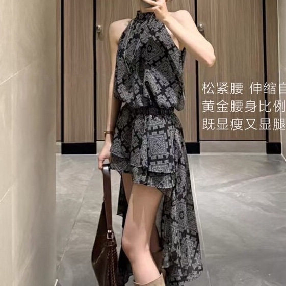 女童不规则无袖挂脖连衣裙夏季小众设计感气质显瘦黑色印花燕尾裙