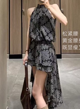 女童不规则无袖挂脖连衣裙