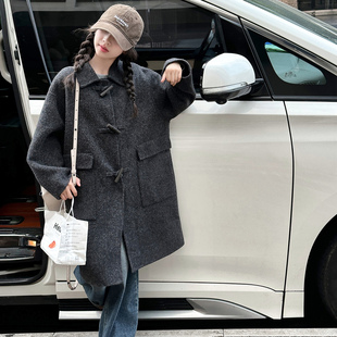 女童2026新款秋冬装双面呢羊绒大衣女中长款小个子宽松双排扣外套