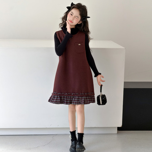 女童秋冬毛呢裙2026新款儿童红色加绒背心连衣裙中大童年服两件套