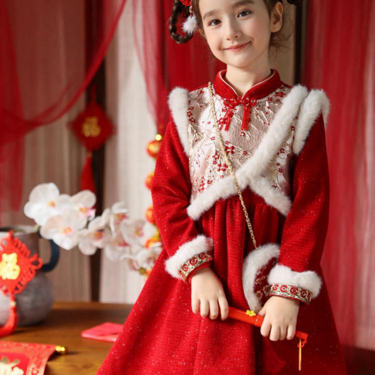 女童连衣裙秋冬款汉服国风加厚裙