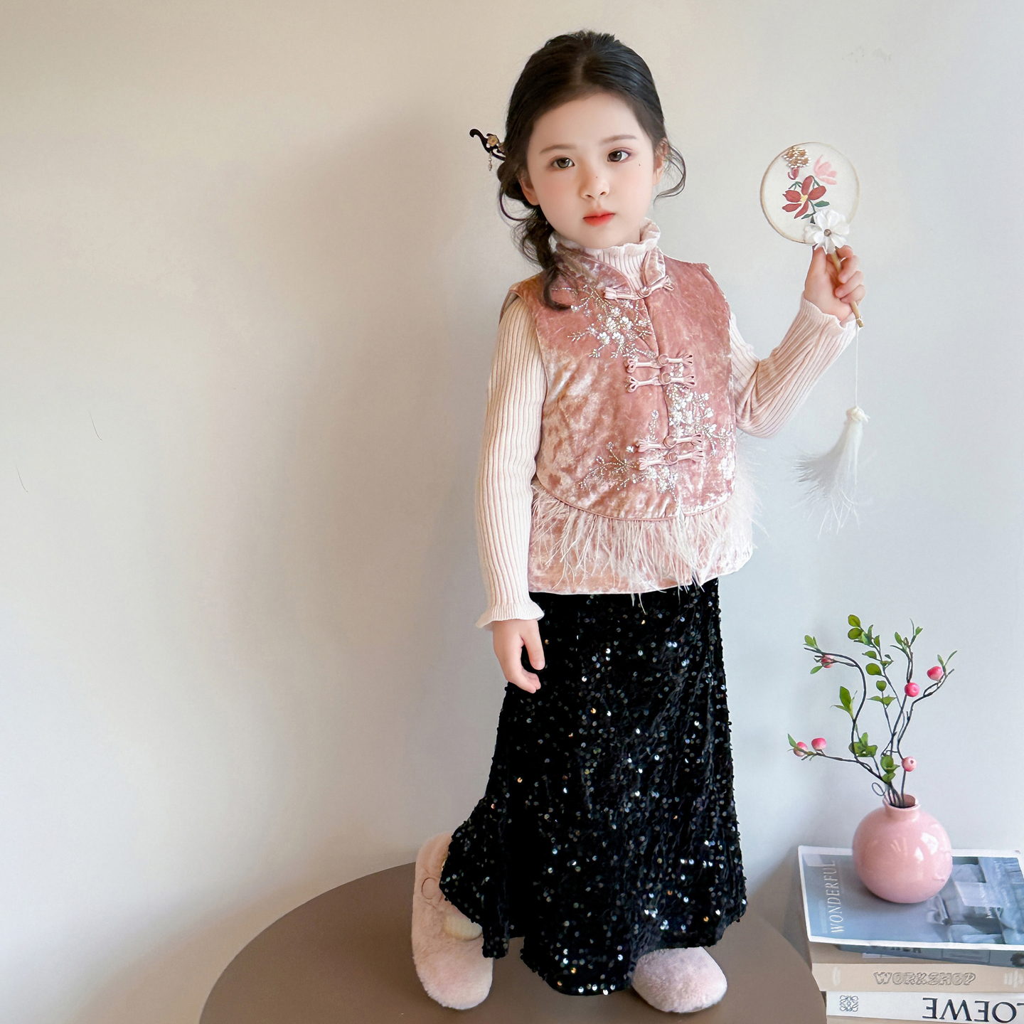 女童新中式国风汉服套装秋季2025新款旗袍马甲背心半身裙子三件套