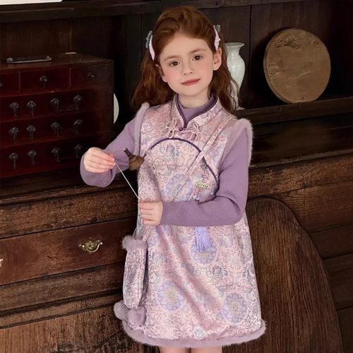 女童旗袍2025新款盘扣刺绣拜年服