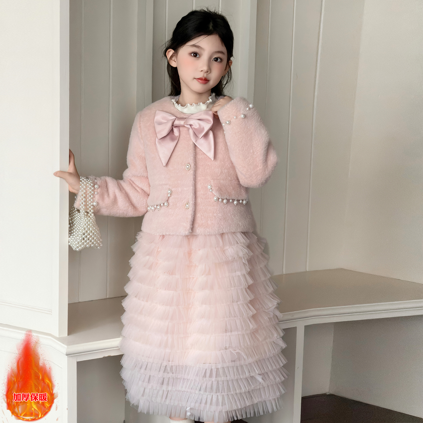 2025秋冬新款儿童背心裙三件套生日表演礼服裙女童小香风外套套装