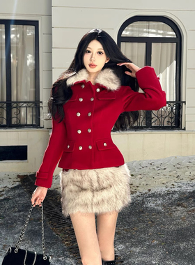 HiimDai Barnfit 毛绒翻领红色双排扣收腰呢外套&低腰半身裙套装