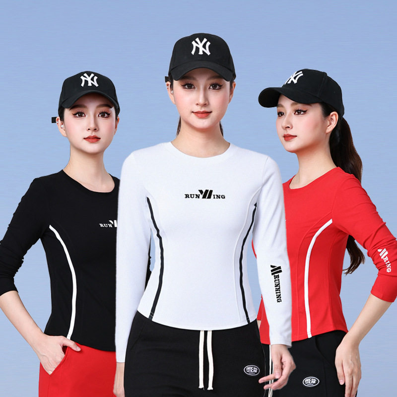 新款运动长袖t恤字母刺绣拉条上衣杨丽萍广场舞服装女曳步舞蹈服