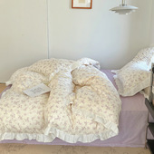 跨境韩版 少女心公主风全棉斜纹棉花边四件套纯棉荷叶边床上三件套