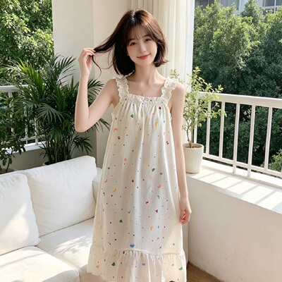 夏季纯棉薄款吊带睡裙宽松印花
