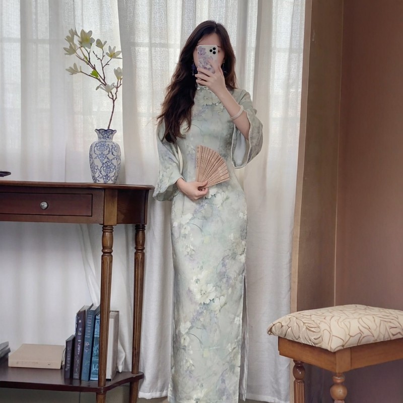 予溪自制【杨柳】秋冬新款气质优雅花瓣倒大袖子改良旗袍连衣裙