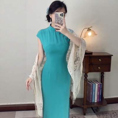予溪【碧城春曲】国风新中式纯色斜襟立领无袖显瘦长款旗袍裙子